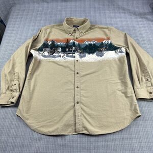 Croft Barrow Shirt Mens XXL Tan Wolf Print Landscape Mountains Wildlife Outdoors